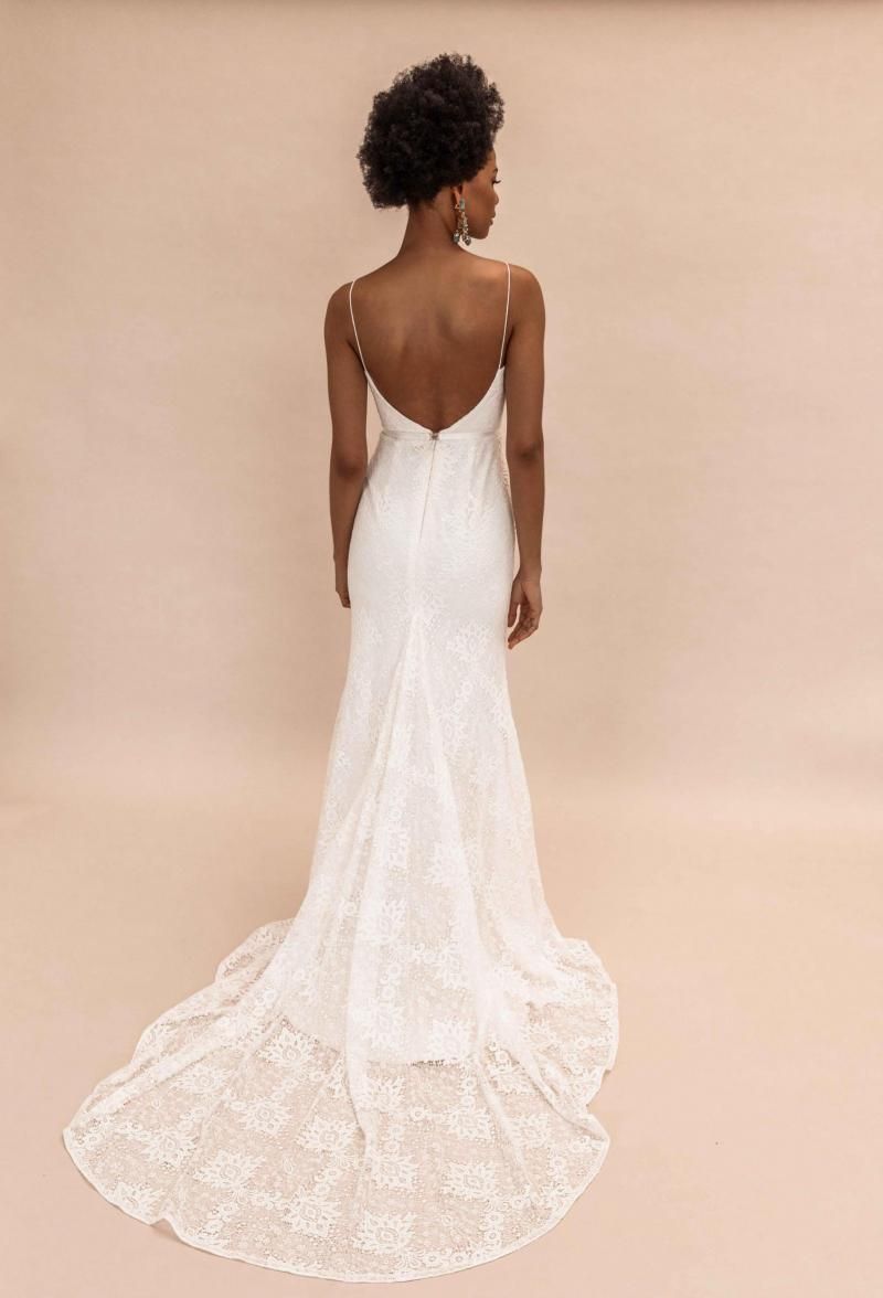 The Justine gown by Karen Willis Holmes, backless fit and flare lace wedding dress.