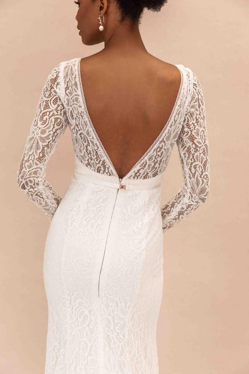 The Karina gown by Karen Willis Holmes, open back lace wedding dress with long sleeve.