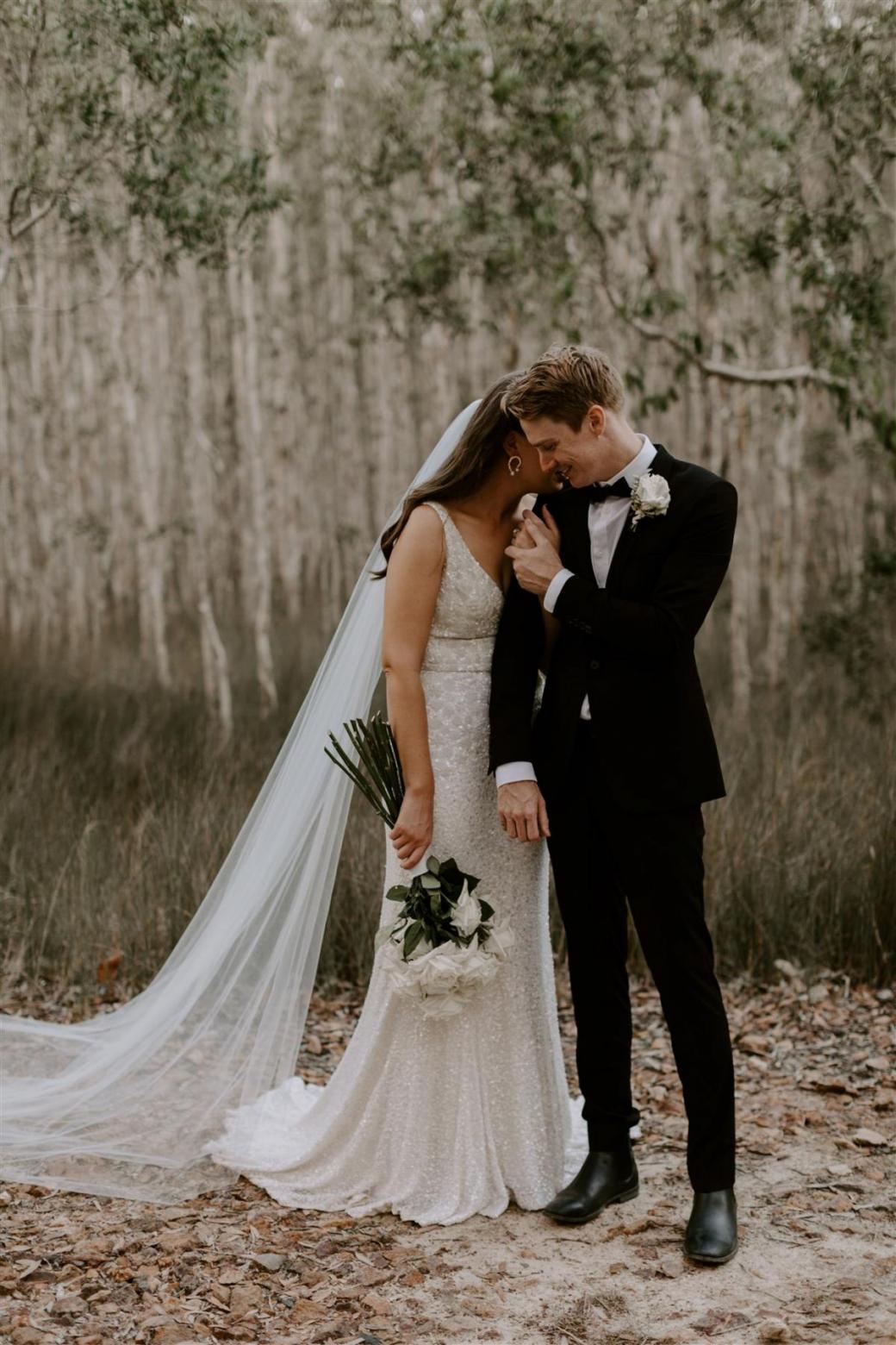 KWH bride Jemma and Sam; Jemma wears the GEORGINA gown by Karen Willis Holmes; a floral beaded Luxe wedding dress with a V-neck and bias cut skirt