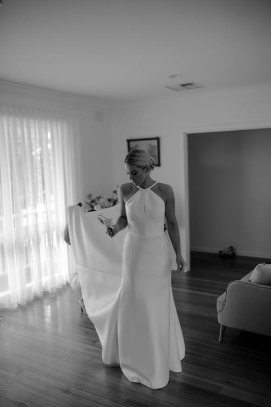 Real bride Natalie wore the Bespoke Layne wedding dress by Karen Willis Holmes.