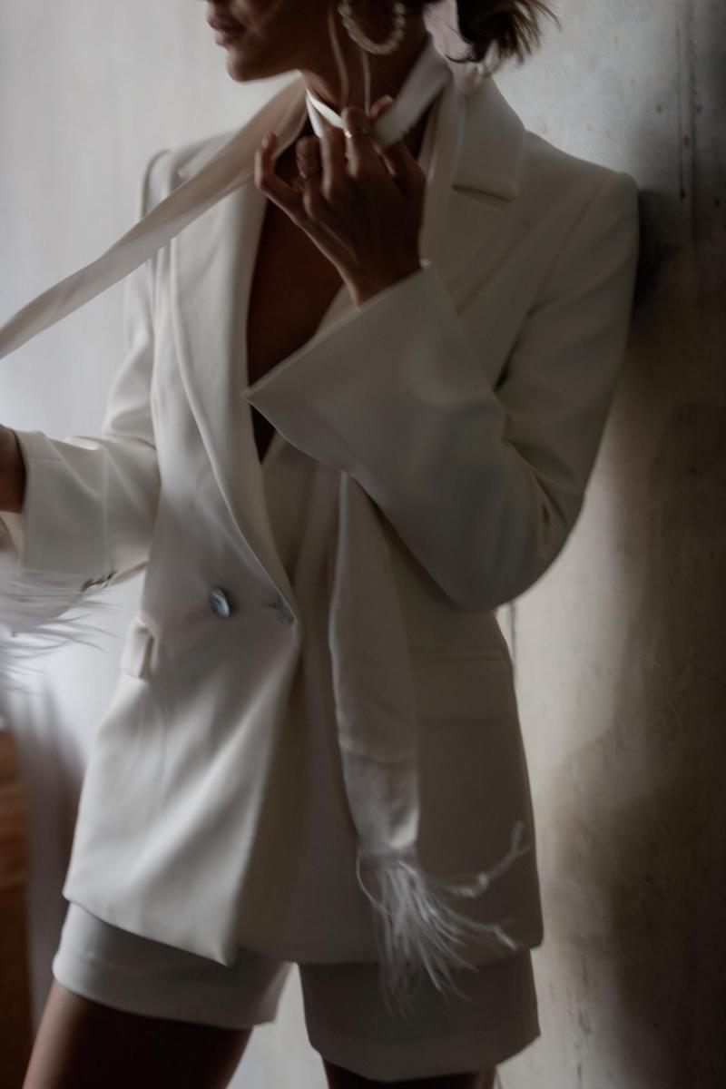 Charlie & Dani by Karen Willis Holmes, white wedding jacket & white wedding shorts for bridal separates