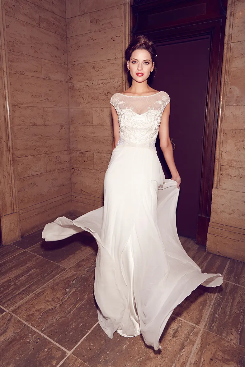 slim fit dress slacks Modest Lace Fit and Flare Wedding Dress with Cap Sleeves main image 1