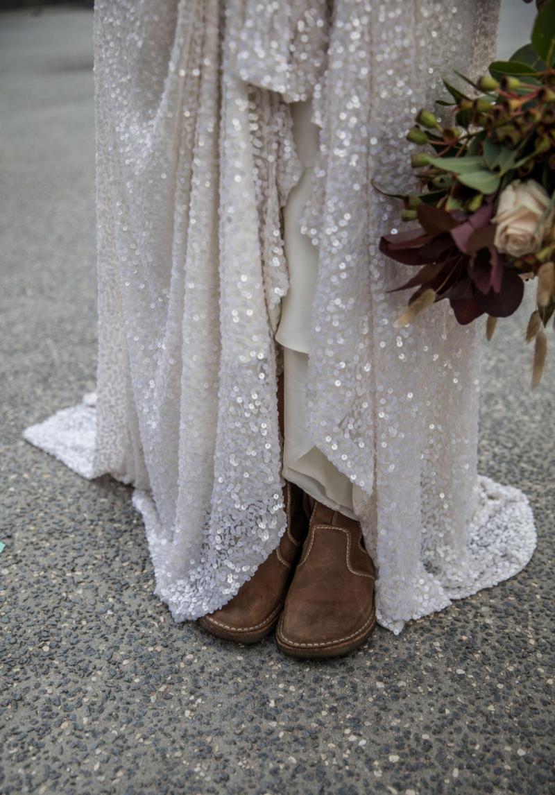 Alana wears LOTUS gown by Karen Willis Holmes; isolation wedding
