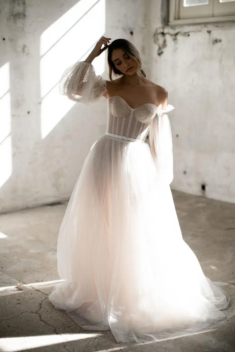 Off-the-shoulder Tulle Polka Dot Cute Wedding Ballgown - VQ