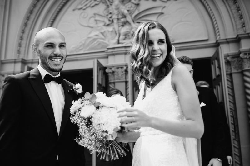 KWH bride Tash with husband Josh; wearing the Lola wedding dress and Genevieve trains