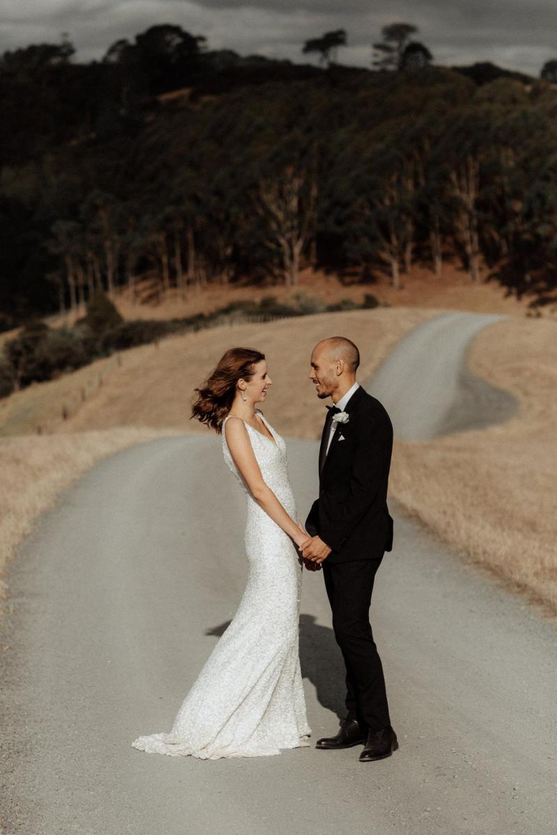 KWH bride Tash with husband Josh; wearing the Lola wedding dress and Genevieve trains