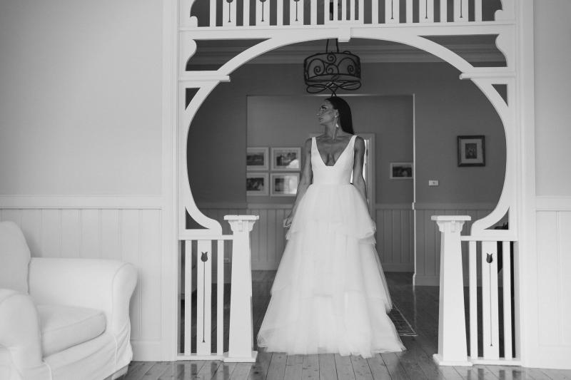 Real bride Sarah wears the Taryn Marina combo, a Bespoke wedding dress for the modern bride by Karen Willis Holmes.
