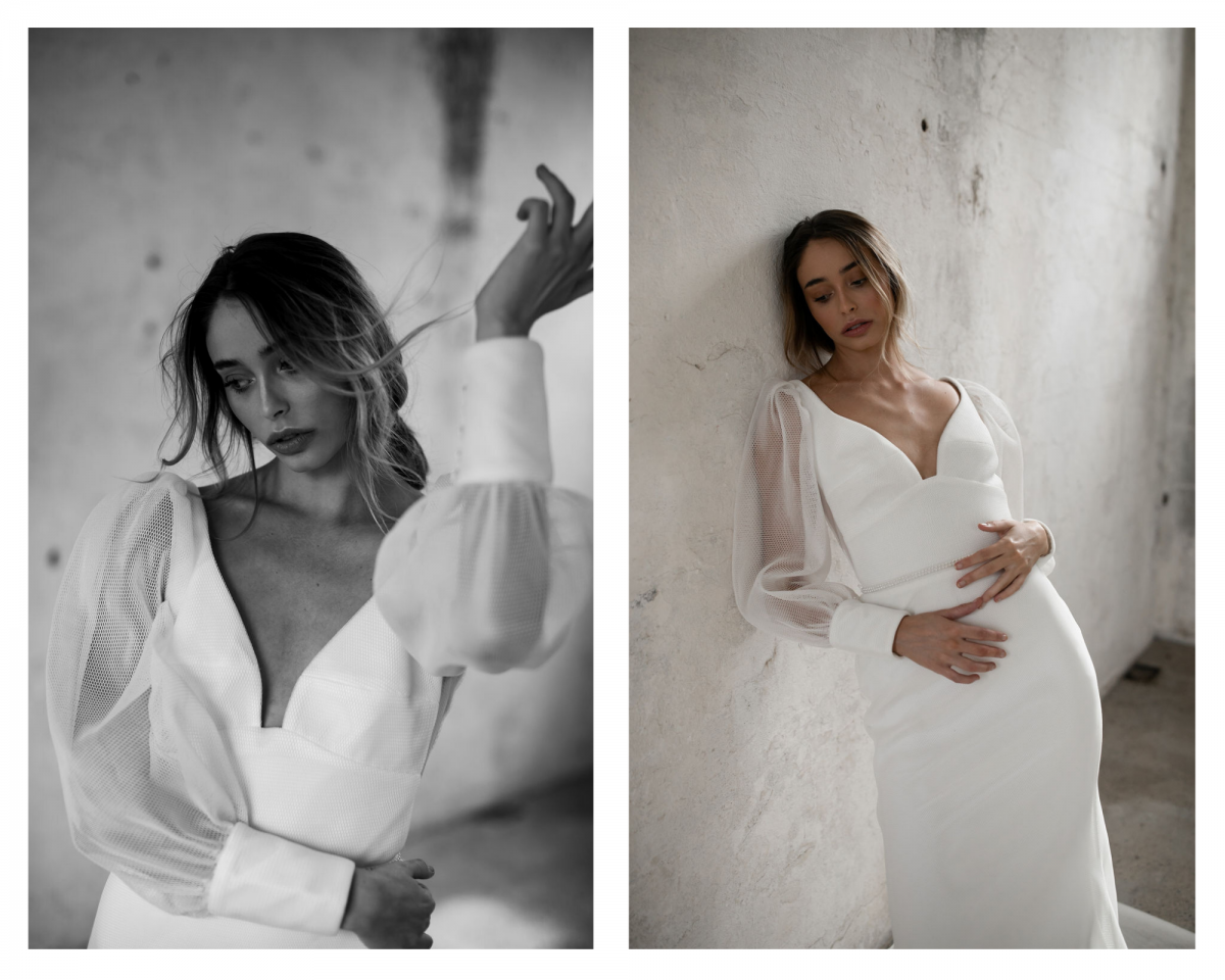 Model wears Penelope Long sleeve wedding dress style silhouette in sculptural mesh by Karen Willis Holmes