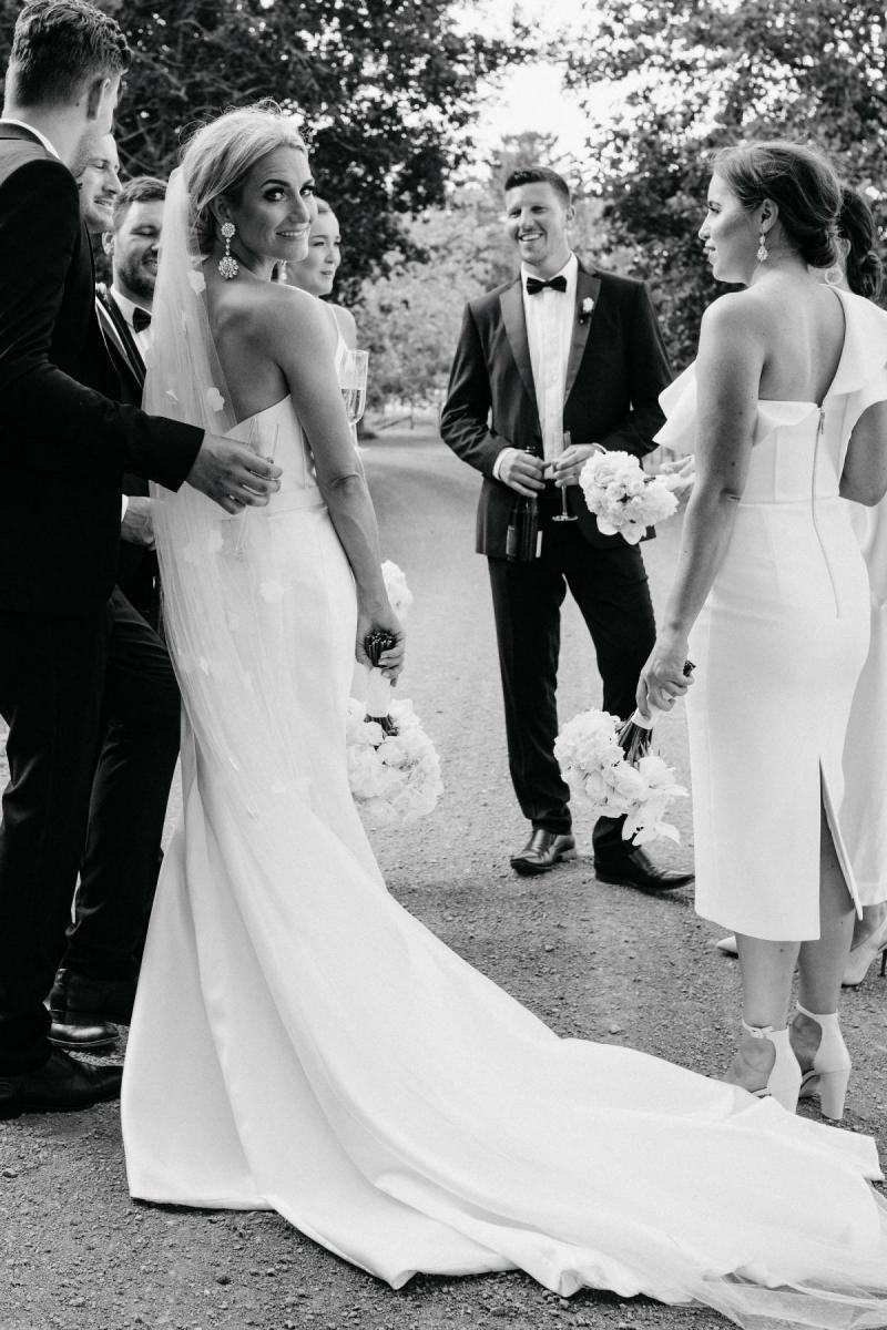 Real bride wears Blake Prea Mermaid Fishtail wedding dress style silhouette in twill by Karen Willis Holmes