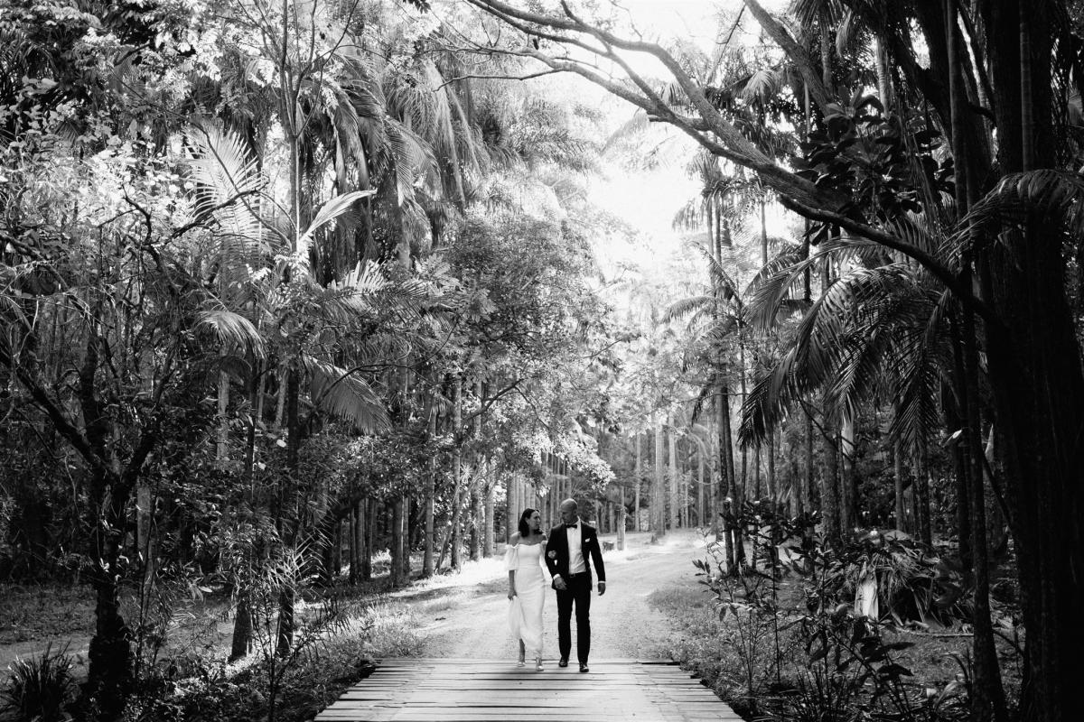 KWH bride Lidia with husband Dayne in forest of Tweed Coast, bride wears the lace Vivienne gown by Karen Willis Holmes.