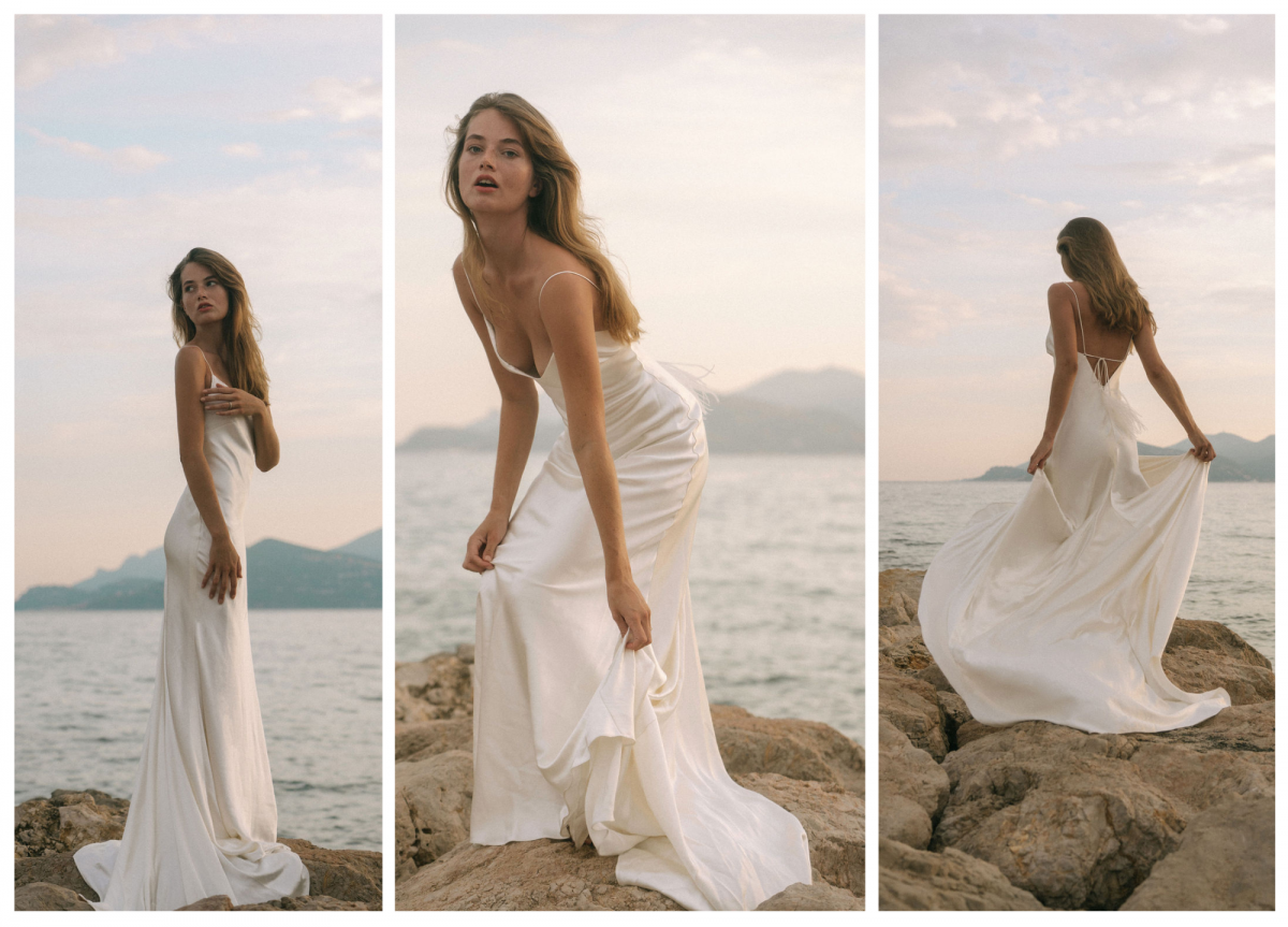 Model Ben Simmons wears the Sage gown, a minimal wedding dress from the Elope collection by Karen Willis Holmes.