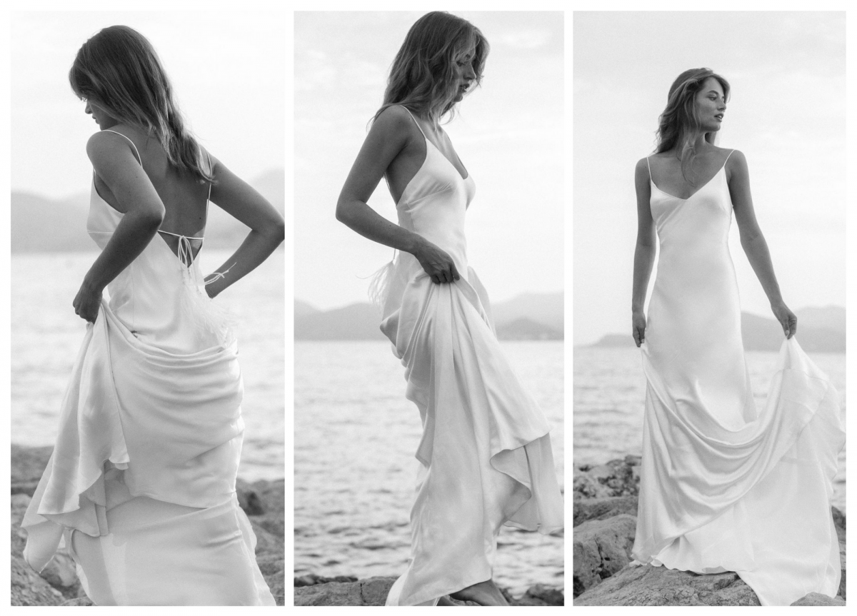 Model Ben Simmons wears the Sage gown, a minimal wedding dress from the Elope collection by Karen Willis Holmes.