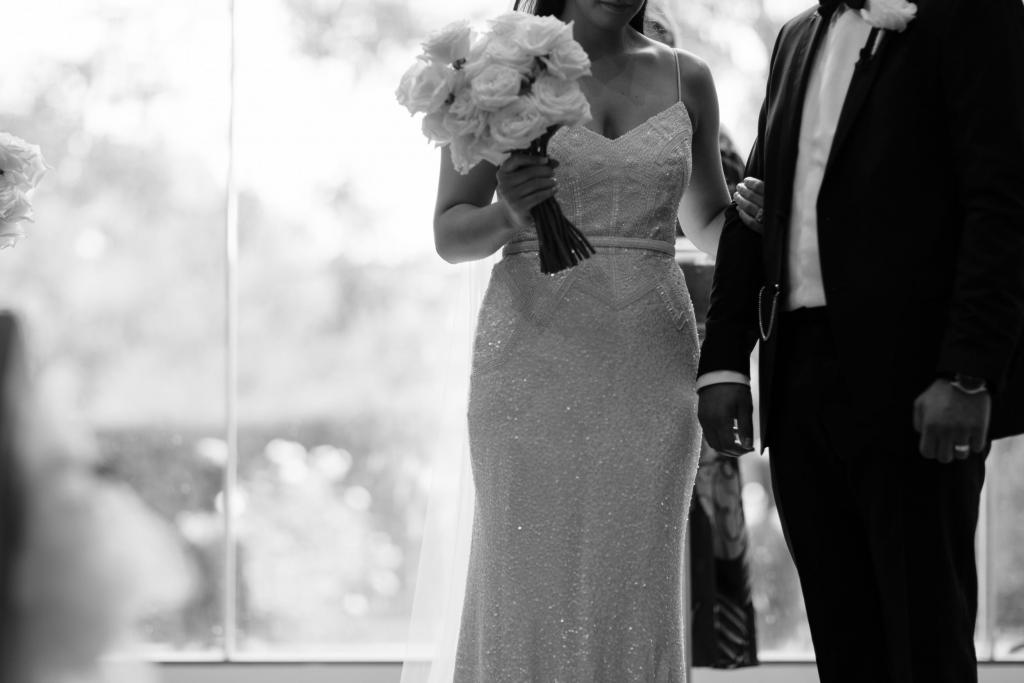 Beading details of the Addison gown, a spaghetti strap beaded wedding dress by Karen Willis Holmes.