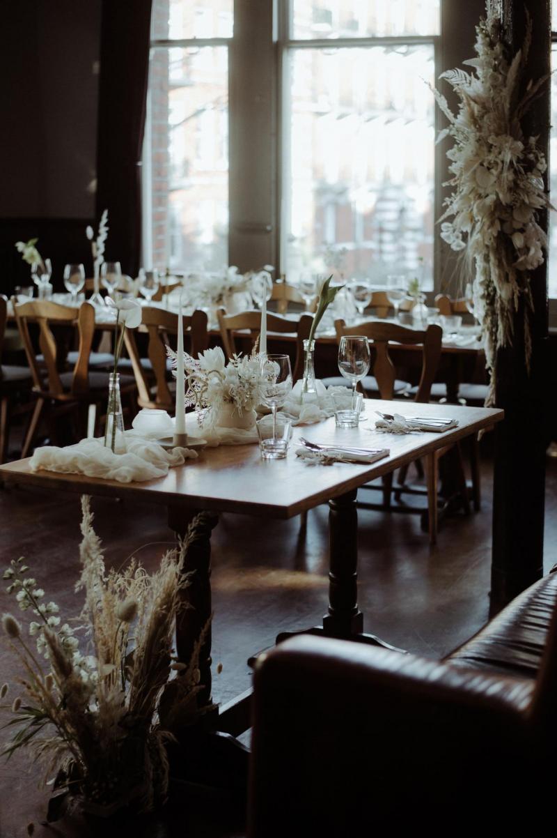 Reception wedding styling in London event space-dried floral display