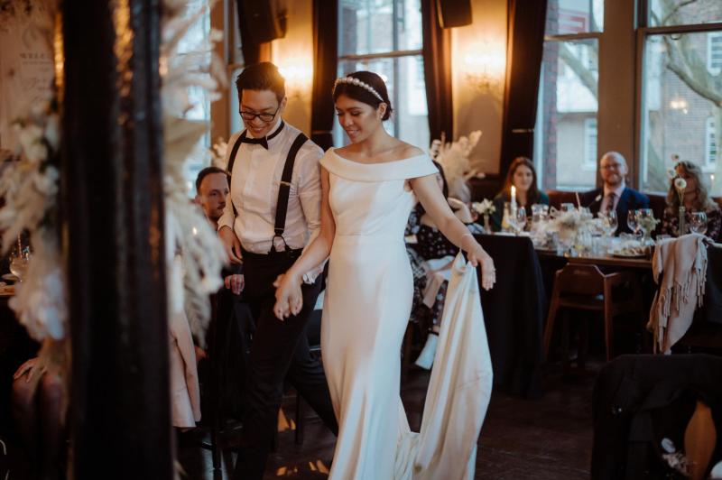 Reception party in London-Karen Willis Holmes bride in Lauren off shoulder wedding dress