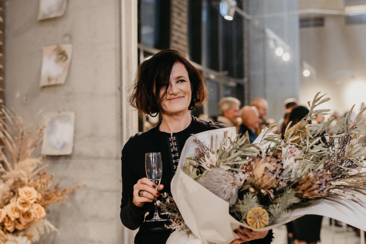 Karen receiving flowers at Mrs Fray in Canberra;Australia's best Wedding Dress Designer