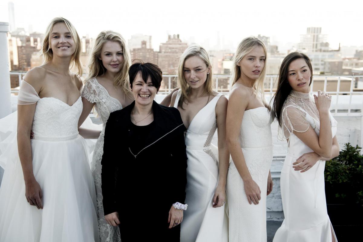Karen dresses bride on rooftop in NYC at One Fine Day Bridal Market