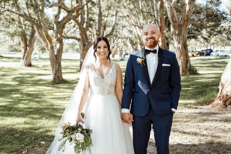 Real bride Stef wears the Sophie gown to country wedding; an embellished a-line bespoke wedding dress by Karen Willis Holmes.