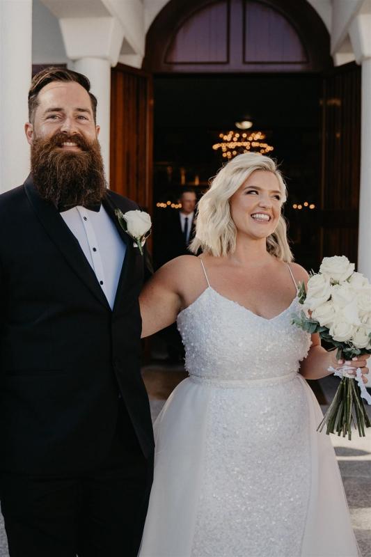 Curvy real bride Leanne wears the anya own & Alice detachable Trains; a simple sequin wedding dress by Karen Willis Holmes at Orthodox wedding