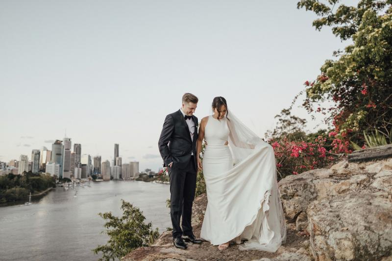 Real bride Melissa getting ready for her small covid wedding, wearing the Bridget gown by Karen Willis Holmes.