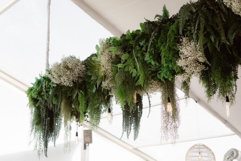 Baby's breath and fern hanging installation from real bride Ancille's wedding reception.