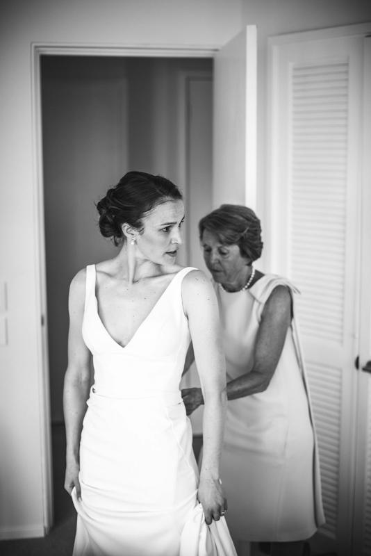 Real bride Joan getting ready for her Sydney wedding, wearing the Imogen gown from Karen Willis Holmes' Wild Hearts Collection