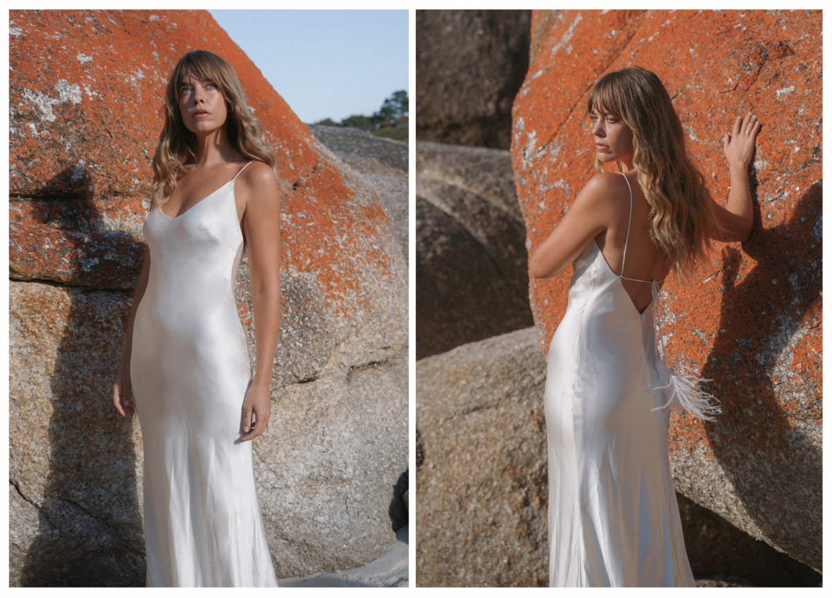 Sage, a bias silk slip by Karen Willis Holmes from the Elope collection in the Bay of Fires, Tasmania
