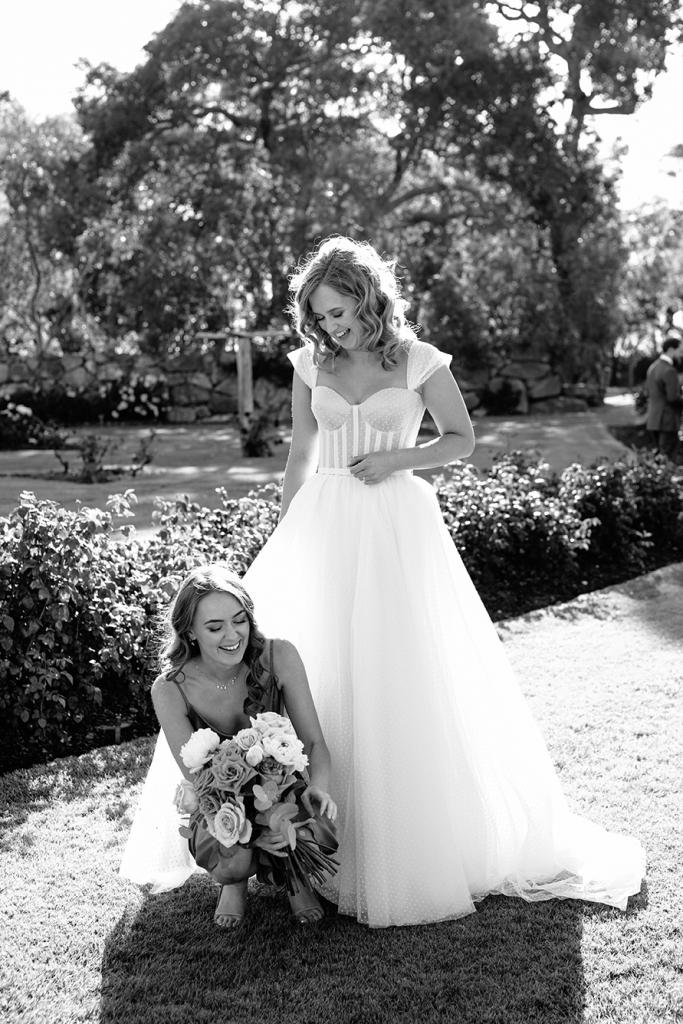 Real bride Jess wearing the Audrey gown; a polka dot wedding dress by Karen Willis Holmes.
