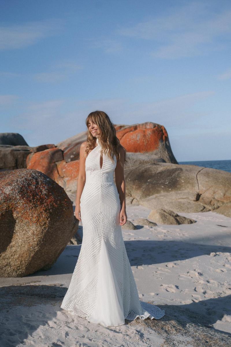 Chloe from Elope collection by Karen Willis Holmes-Lace halter neck gown on Christina Macpherson