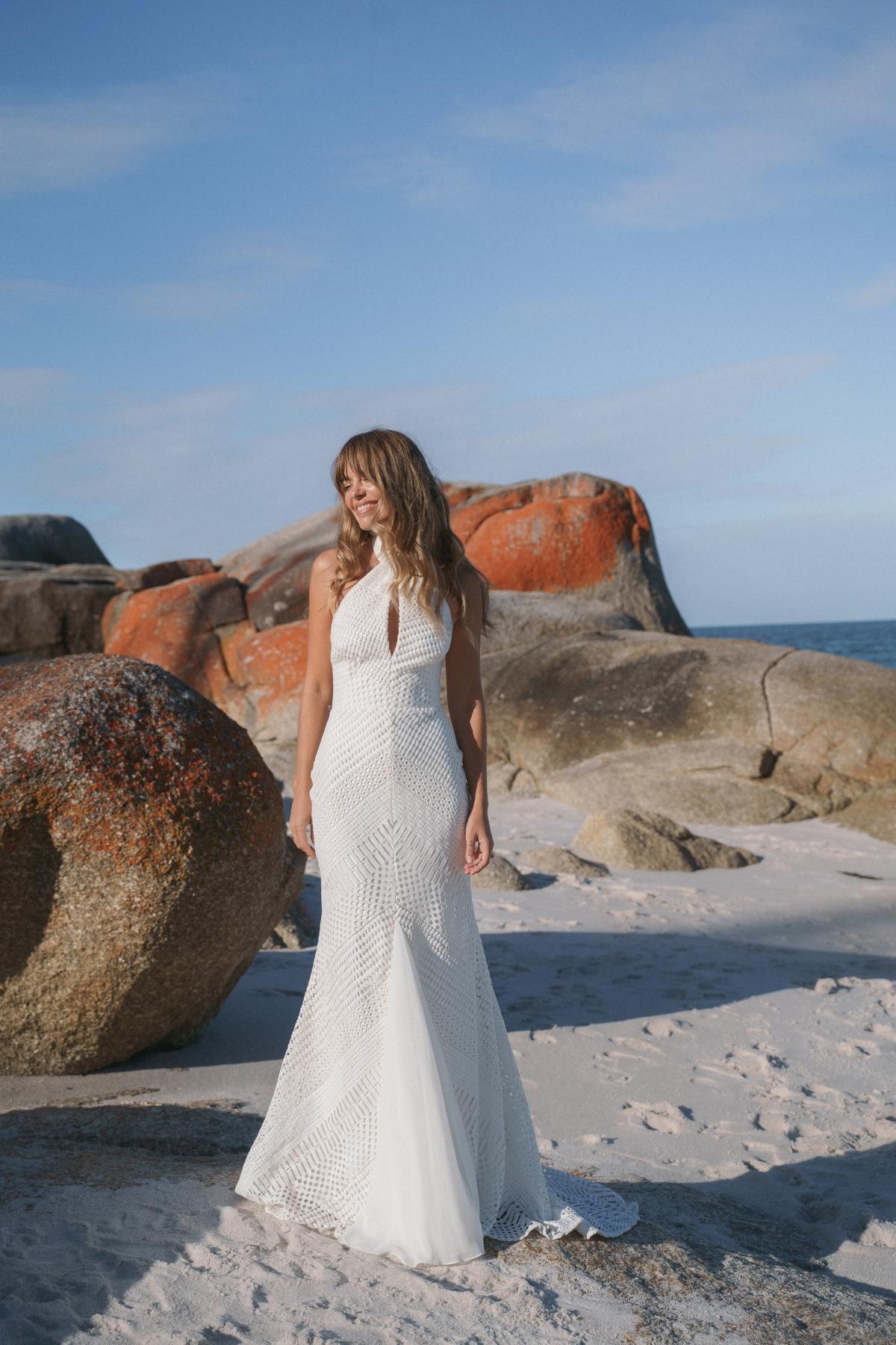 Chloe from Elope collection by Karen Willis Holmes-Lace halter neck gown on Christina Macpherson