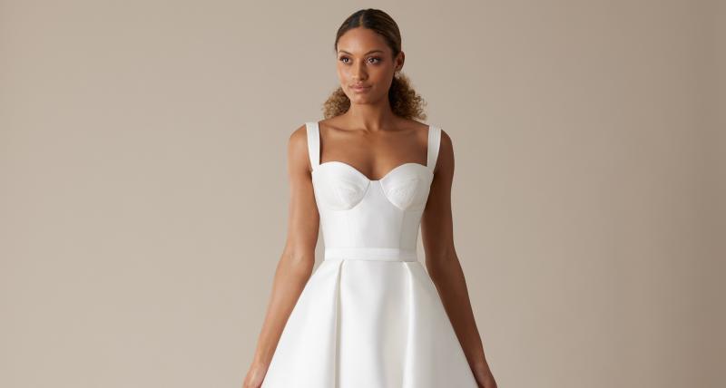 The Blake bodice by Karen Willis Holmes, a simple bustier wedding dress bodice with straps and paired with the elegant Elizabeth skirt. Up close image