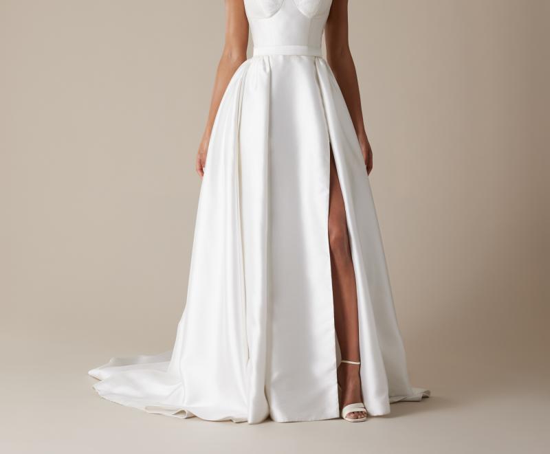 The Camille skirt by Karen Willis Holmes, a simple, A-Line satin-finished wedding dress skirt.