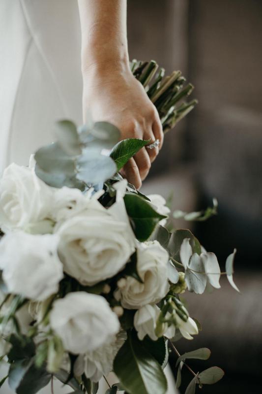Close up image of KWH Real Bride Eliza's white bouquet from The Village Florist.