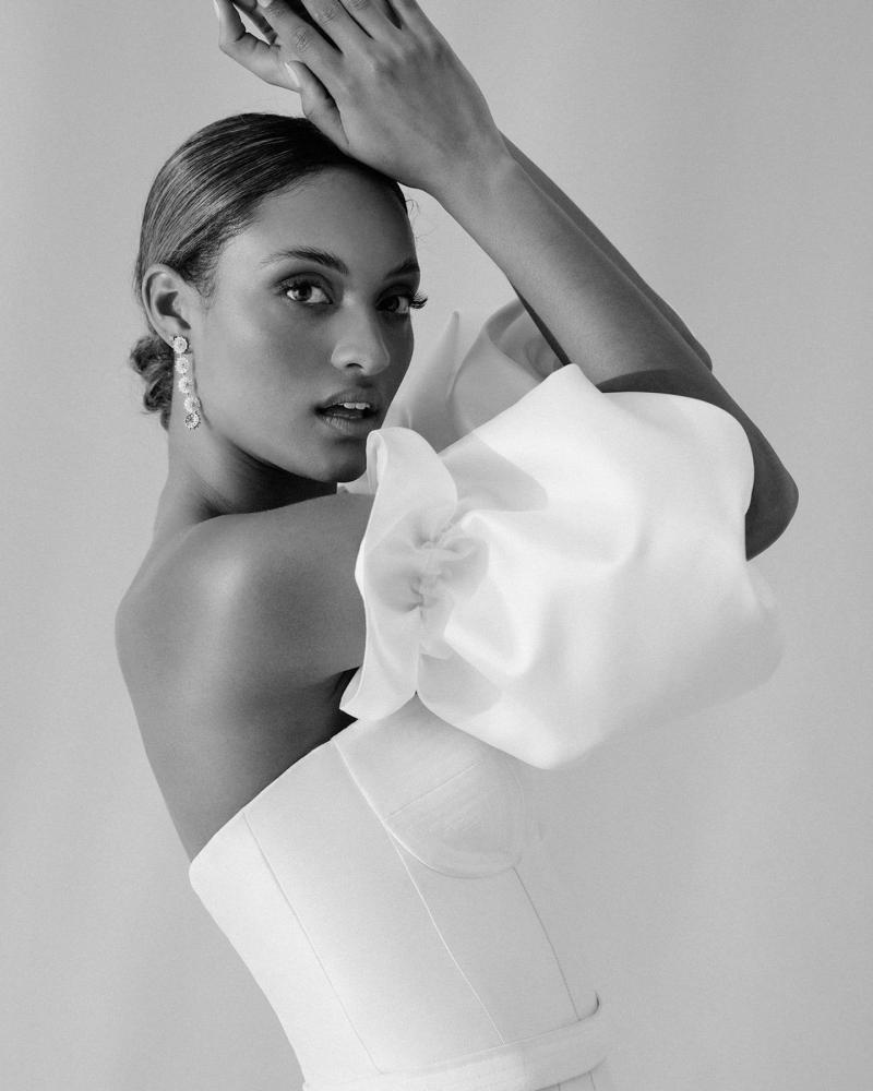 B&W image fo the Blake bodice by Karen Willis Holmes, a simple bustier wedding dress bodice with twill puff sleeves.