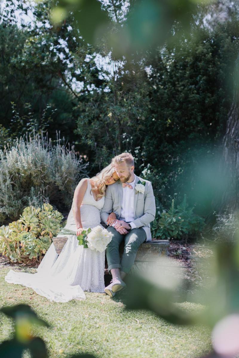 KWH real bride Bec stands in her gorgeous beaded Olympia gown with scoop back.