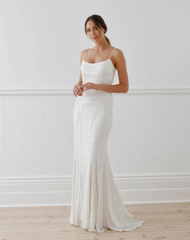Spaghetti Straps Pleats Satin Rustic Wedding Dress Bridal Gown QW2438 –  SQOSA