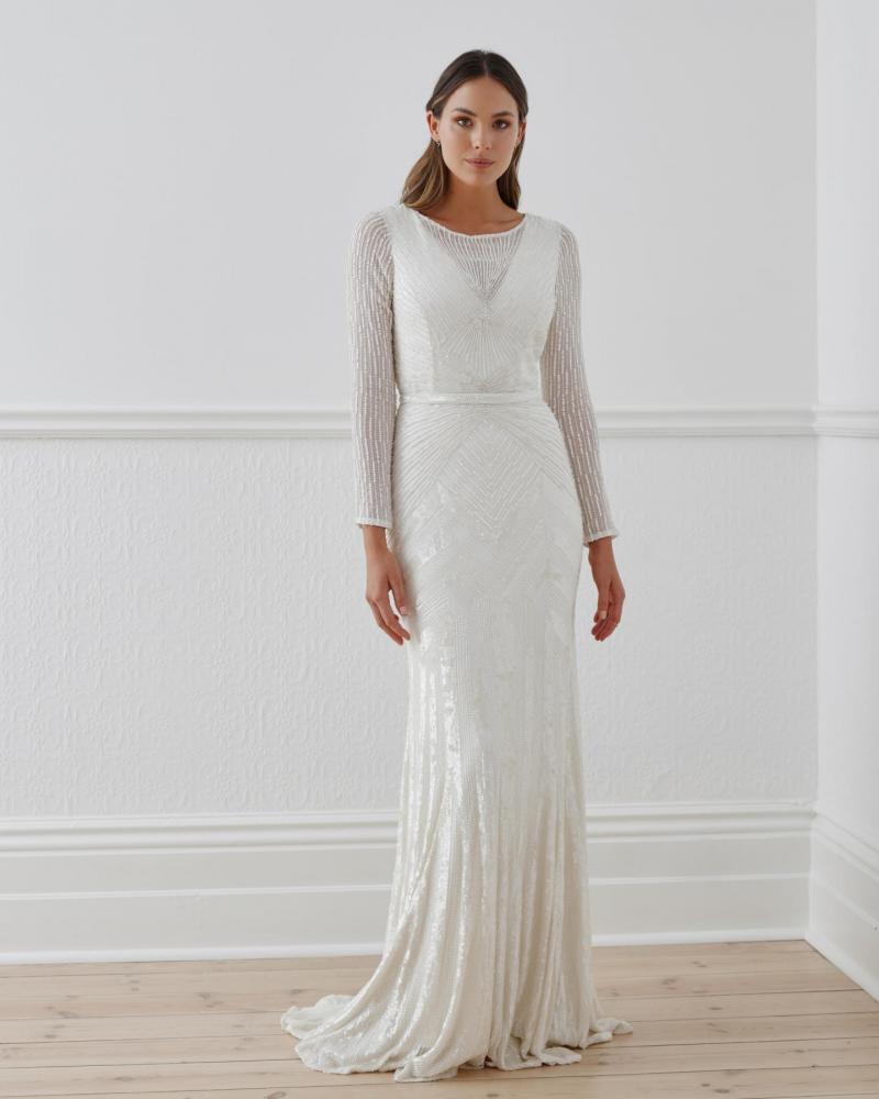 The Cassie gown by Karen Willis Holmes, long sleeve beaded art deco wedding dress