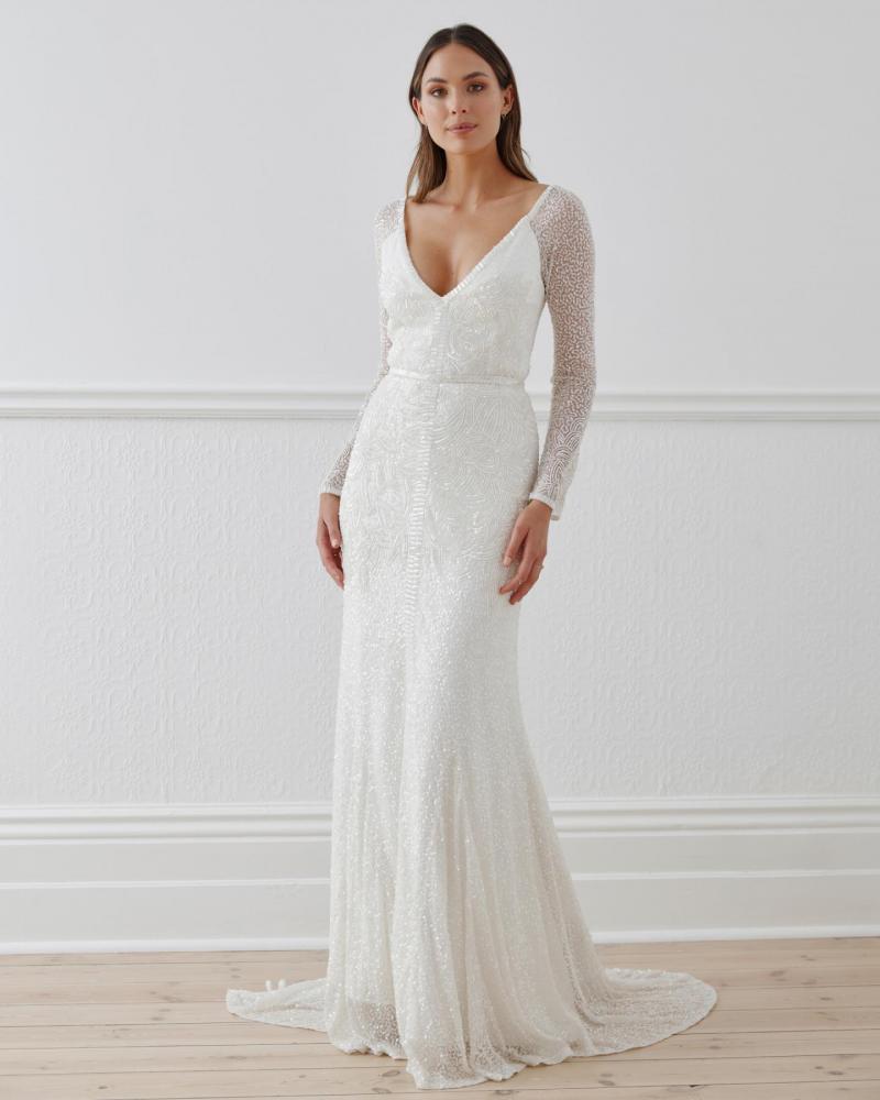 The Celine gown by Karen Willis Holmes, fit and flare beaded wedding dress