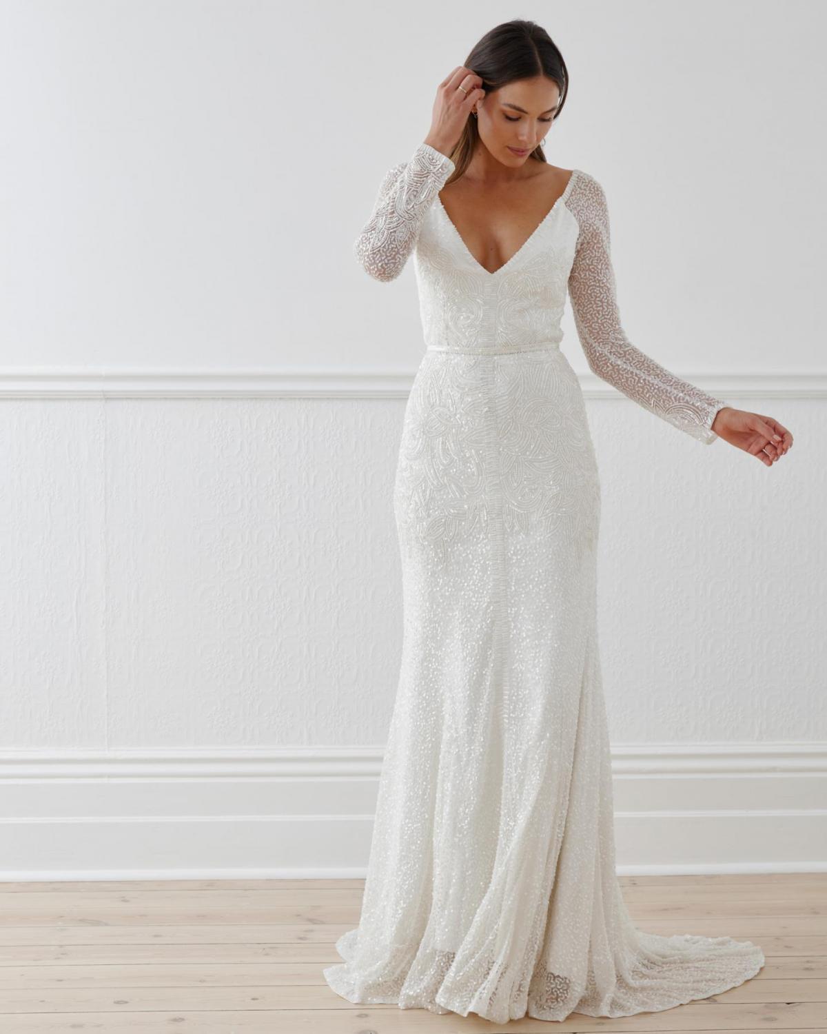 The Celine gown by Karen Willis Holmes, fit and flare beaded wedding dress