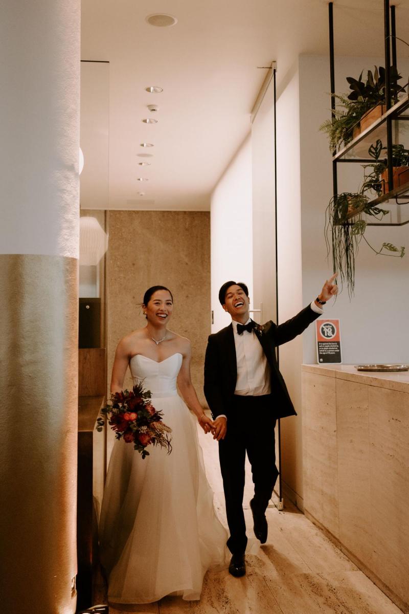 KWH real bride Sarah and Brian arriving at their reception. She wears the stunning Kitty Joni gown.