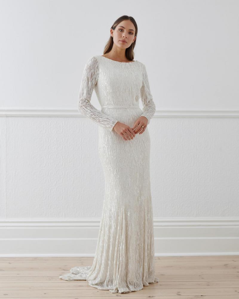 The Margareta gown by Karen Willis Holmes, high neck long sleeve sequin wedding dress