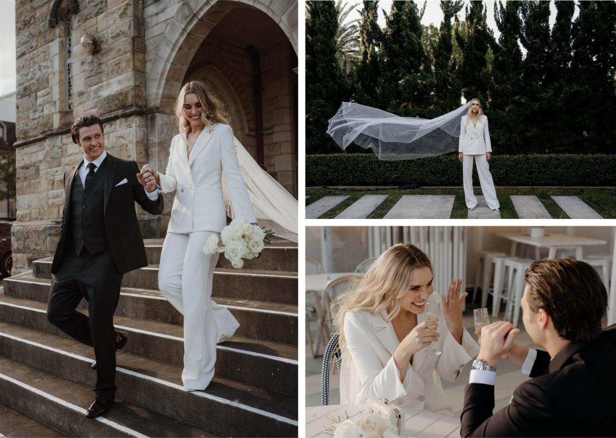 KWH real bride Demi walks down the church steps with James in her modern Charlie jacket and Danielle pant bridal suit,.