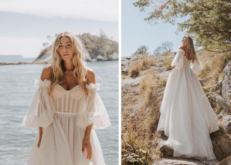 Cara Jourdan wears the ethereal Audrey gown by KWH on the beach. Audrey is a modern tulle aline wedding dress with detachable sleeves.