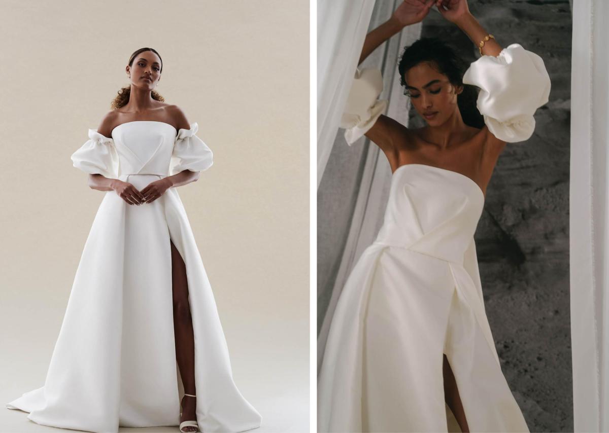 Jacqueline Elizabeth gown by Karen Willis Holmes. a modern aline with straight neckline and puff sleeves wedding dress