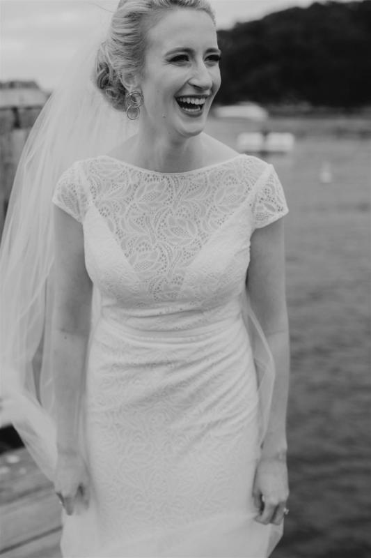 B&W image of KWH real bride Gemma wearing her Jemma gown, an illusion neckline wedding dress of lace.