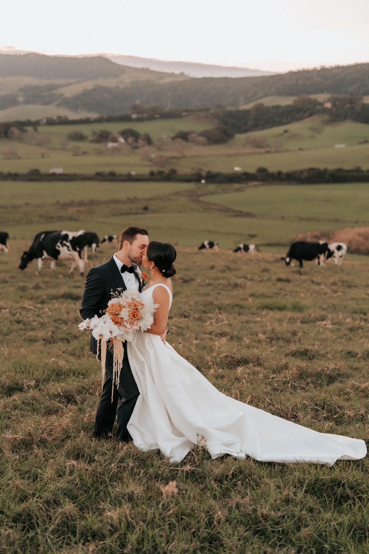 KWH real bride Rebecca and Matthew kissing in front of a field of cows in her classic Leonie Melanie gown, a modern bridal ballgown wedding dress with V-neck.