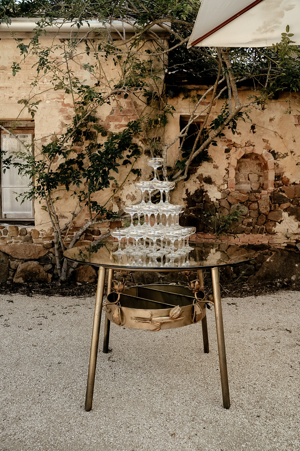 Champagne tower at intimate reception at Deux Belettes