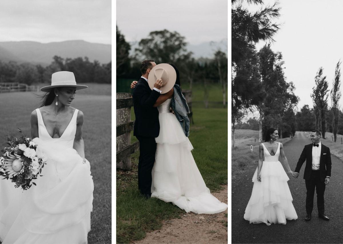 Three images of KWH real bride Sarah showing off her Taryn Marina gown, a bespoke aline wedding dress with U-shaped neckline and tiered tulle skirt.