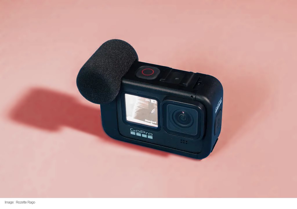 Pink image of a GoPro photographed by Rozette Rago to show live stream equipment