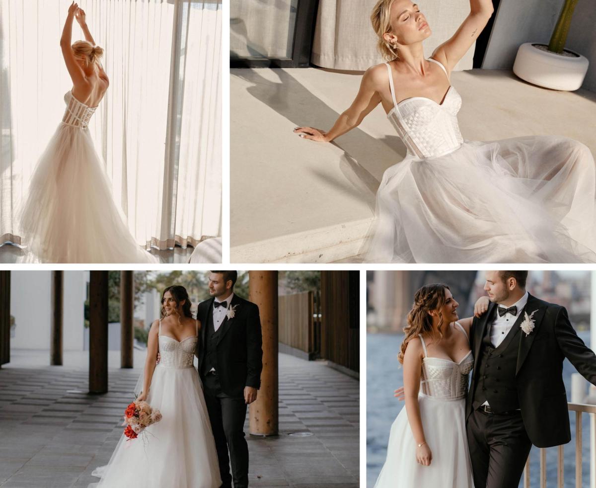 A collage of images showing off the Scarlett gown, a aline handwoven bustier bodice wedding dress